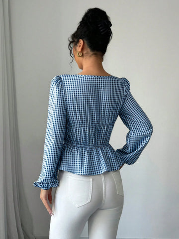 Privé Long Sleeve Blouse With Round Neck, Puff Sleeves, Ruffle Hem And Bow Decor