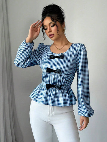 Privé Long Sleeve Blouse With Round Neck, Puff Sleeves, Ruffle Hem And Bow Decor