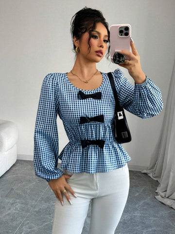 Privé Long Sleeve Blouse With Round Neck, Puff Sleeves, Ruffle Hem And Bow Decor