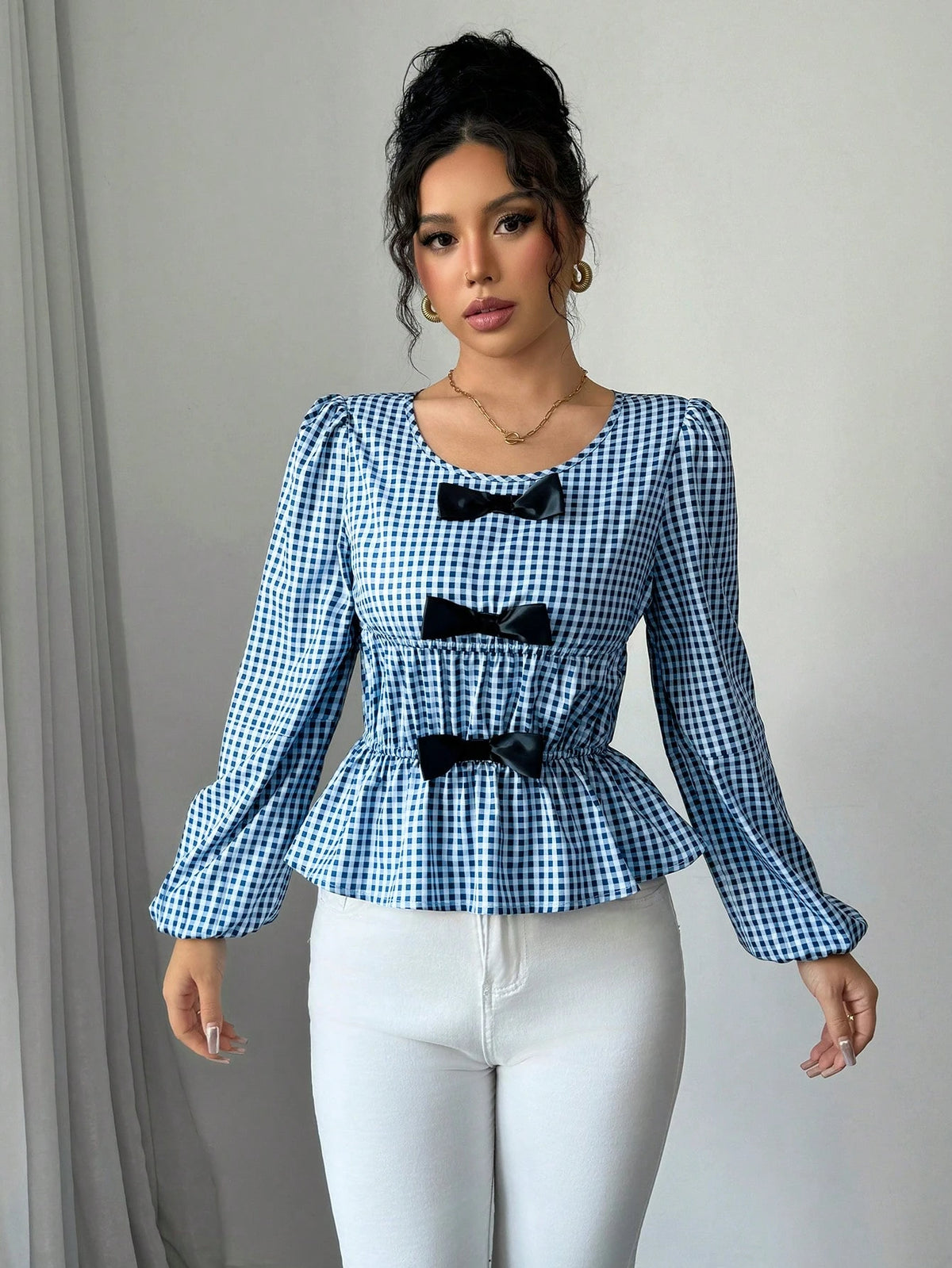 Privé Long Sleeve Blouse With Round Neck, Puff Sleeves, Ruffle Hem And Bow Decor