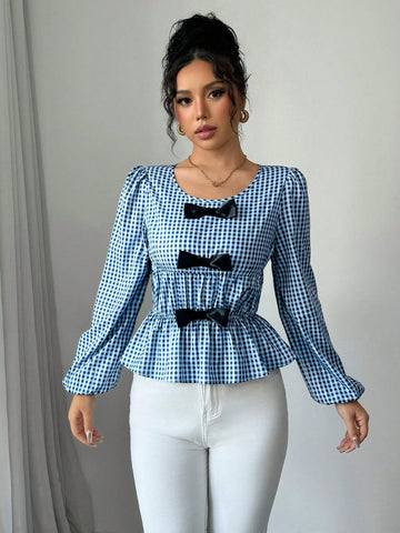 Privé Long Sleeve Blouse With Round Neck, Puff Sleeves, Ruffle Hem And Bow Decor