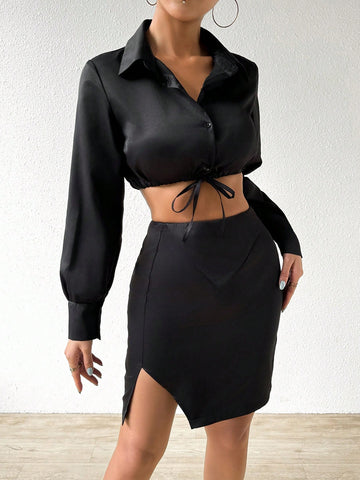 Long Sleeve Crop Top And Bodycon Skirt
