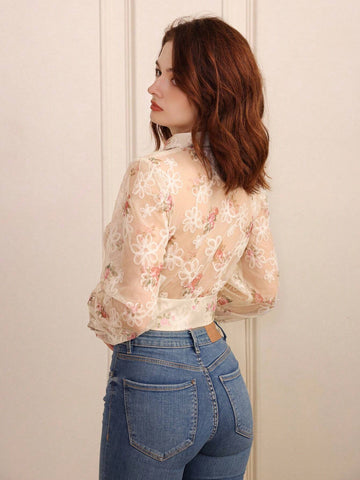 Privé Long Sleeve Embroidery & Print Stand Collar Sheer Shirt With Delicate Metal Button, Random Style