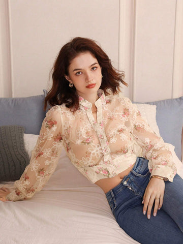 Privé Long Sleeve Embroidery & Print Stand Collar Sheer Shirt With Delicate Metal Button, Random Style