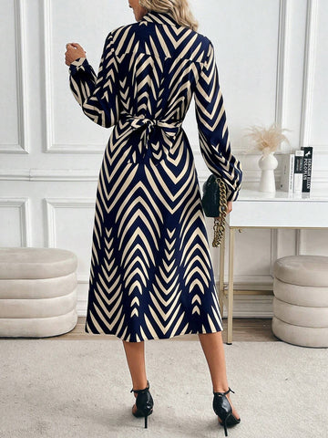 Long Sleeve Pleated Allover Allover Print Split Hem Casual Dress
