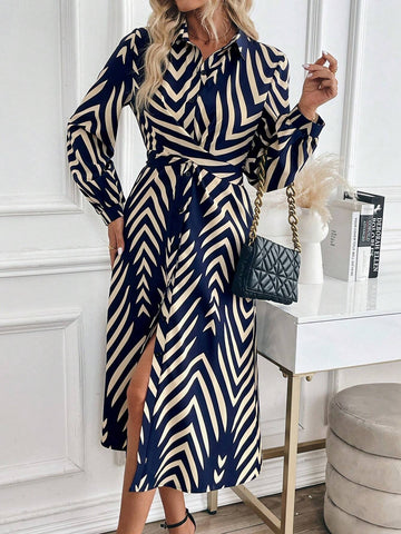 Long Sleeve Pleated Allover Allover Print Split Hem Casual Dress