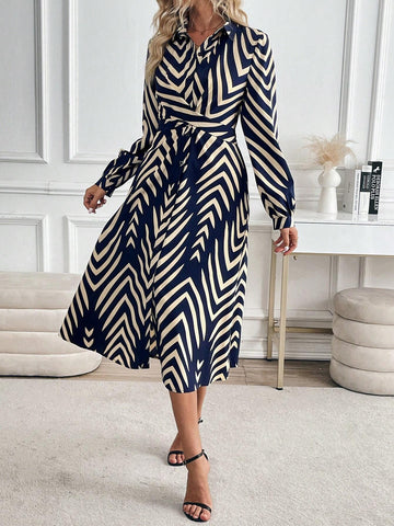 Long Sleeve Pleated Allover Allover Print Split Hem Casual Dress