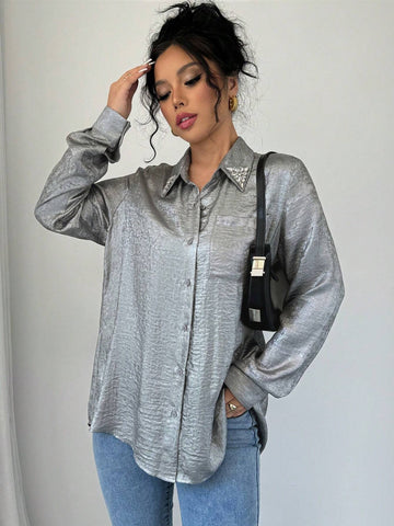 Privé Long Sleeve Simple Solid Color Button-Front Shirt Top, Casual Daily Wear