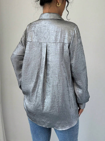 Privé Long Sleeve Simple Solid Color Button-Front Shirt Top, Casual Daily Wear