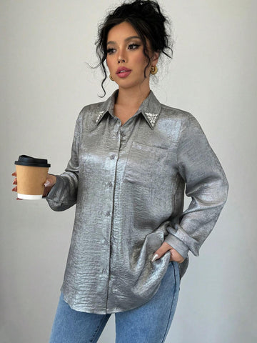 Privé Long Sleeve Simple Solid Color Button-Front Shirt Top, Casual Daily Wear