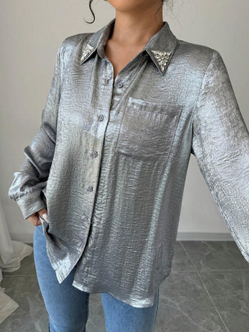 Privé Long Sleeve Simple Solid Color Button-Front Shirt Top, Casual Daily Wear