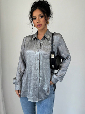 Privé Long Sleeve Simple Solid Color Button-Front Shirt Top, Casual Daily Wear