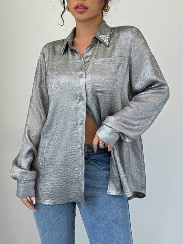 Privé Long Sleeve Simple Solid Color Button-Front Shirt Top, Casual Daily Wear