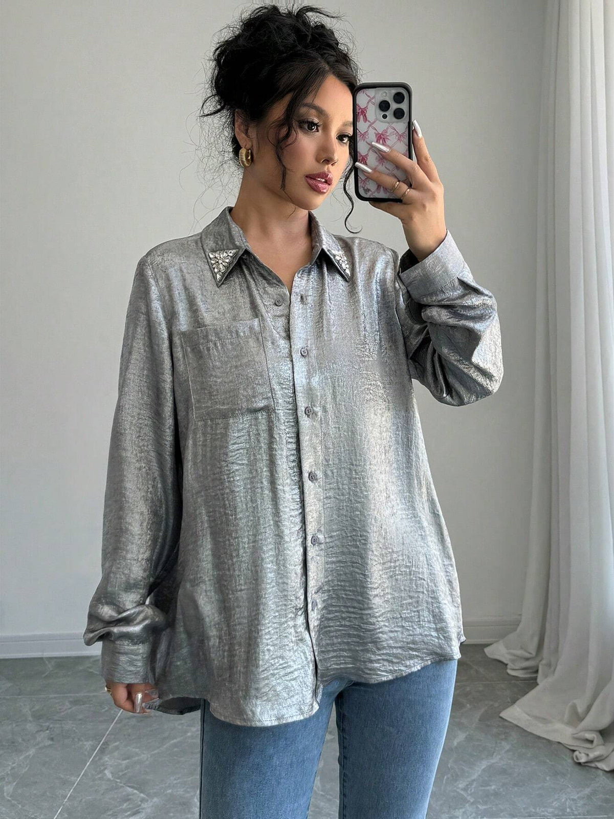 Privé Long Sleeve Simple Solid Color Button-Front Shirt Top, Casual Daily Wear