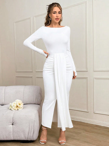 Long Sleeve Slim Fit T-Shirt And Asymmetric Hem Skirt Set