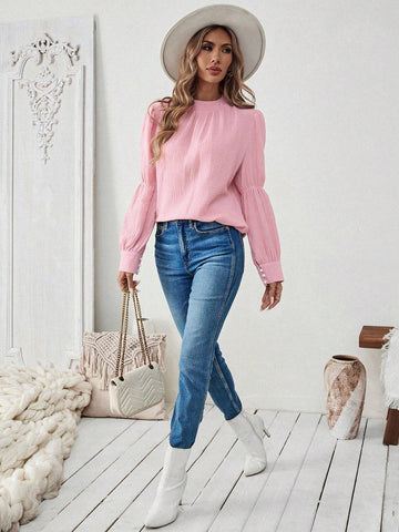 Privé Long Sleeve Solid Color Stand Collar Shirt