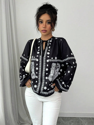 Privé Loose Fit Floral Print Drawstring Long Sleeve Women Blouse, For Casual Commute Wear