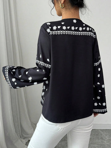 Privé Loose Fit Floral Print Drawstring Long Sleeve Women Blouse, For Casual Commute Wear