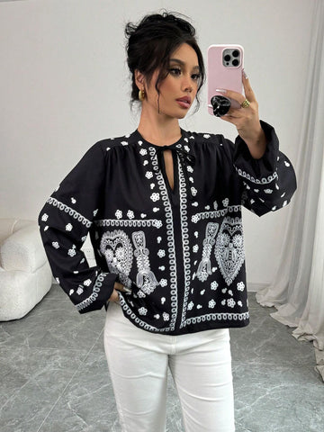 Privé Loose Fit Floral Print Drawstring Long Sleeve Women Blouse, For Casual Commute Wear