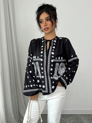 Privé Loose Fit Floral Print Drawstring Long Sleeve Women Blouse, For Casual Commute Wear