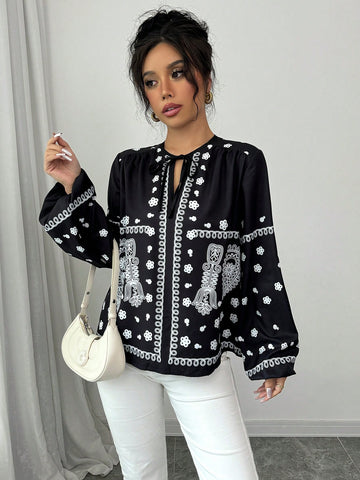 Privé Loose Fit Floral Print Drawstring Long Sleeve Women Blouse, For Casual Commute Wear