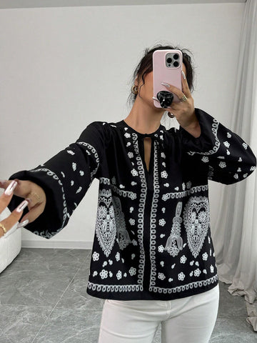 Privé Loose Fit Floral Print Drawstring Long Sleeve Women Blouse, For Casual Commute Wear