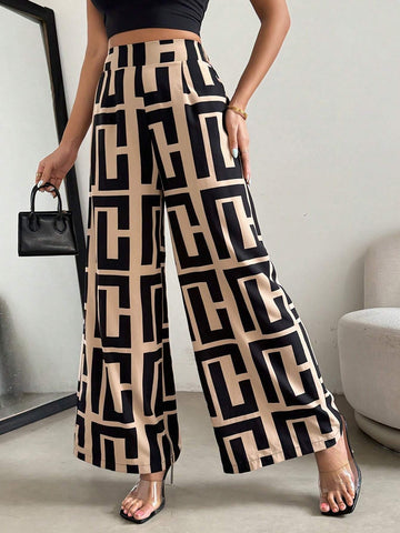 Privé Loose Geometric Color Block Printed Summer Casual Wide Leg Pants For Women
