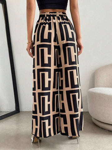Privé Loose Geometric Color Block Printed Summer Casual Wide Leg Pants For Women