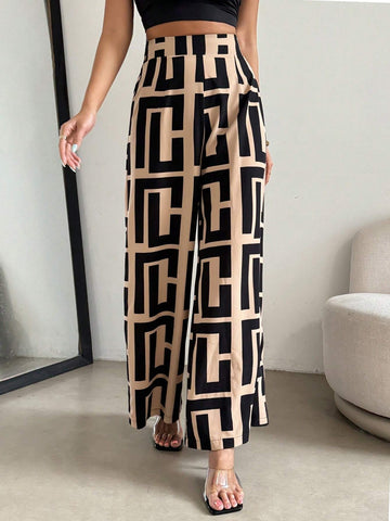 Privé Loose Geometric Color Block Printed Summer Casual Wide Leg Pants For Women