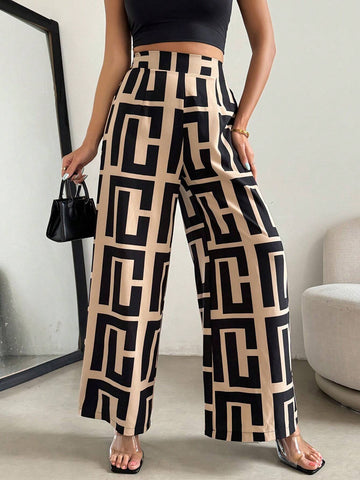 Privé Loose Geometric Color Block Printed Summer Casual Wide Leg Pants For Women