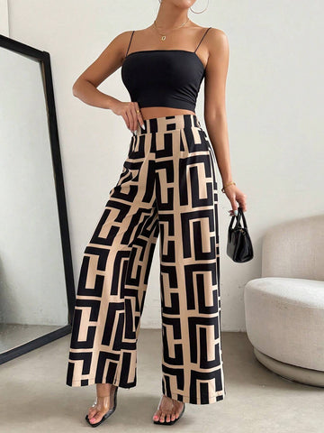 Privé Loose Geometric Color Block Printed Summer Casual Wide Leg Pants For Women