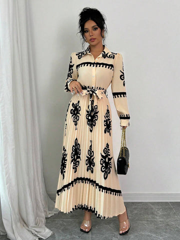Loose Self-Tie Belt Vacation Style Pleated Floral Print Dress For Women