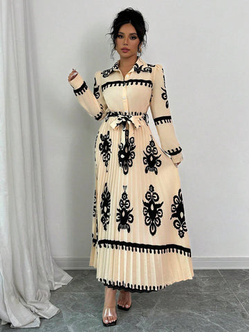 Loose Self-Tie Belt Vacation Style Pleated Floral Print Dress For Women