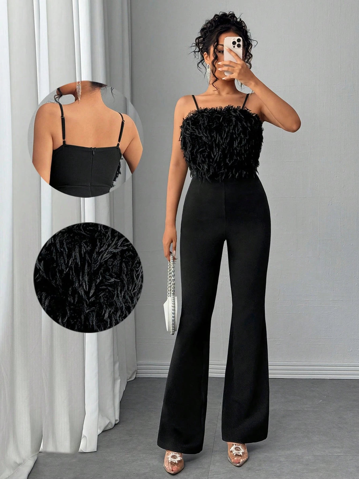 Luxurious & Elegant Faux Fur Patchwork Camisole Jumpsuits, Flared Leg, Fashion Bodysuits For Autumn/Winter Party