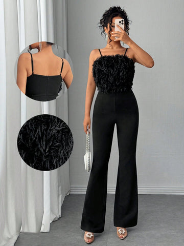 Luxurious & Elegant Faux Fur Patchwork Camisole Jumpsuits, Flared Leg, Fashion Bodysuits For Autumn/Winter Party