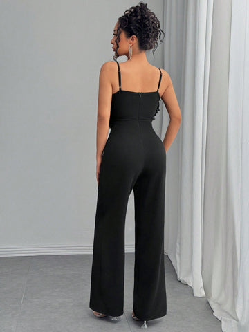 Luxurious & Elegant Faux Fur Patchwork Camisole Jumpsuits, Flared Leg, Fashion Bodysuits For Autumn/Winter Party