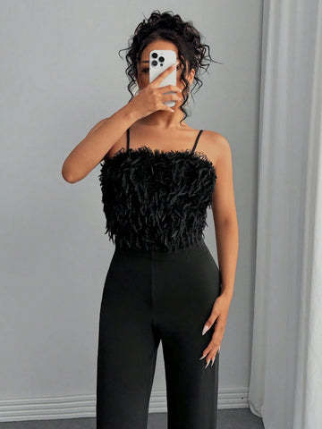 Luxurious & Elegant Faux Fur Patchwork Camisole Jumpsuits, Flared Leg, Fashion Bodysuits For Autumn/Winter Party