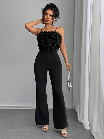 Luxurious & Elegant Faux Fur Patchwork Camisole Jumpsuits, Flared Leg, Fashion Bodysuits For Autumn/Winter Party