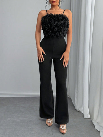 Luxurious & Elegant Faux Fur Patchwork Camisole Jumpsuits, Flared Leg, Fashion Bodysuits For Autumn/Winter Party