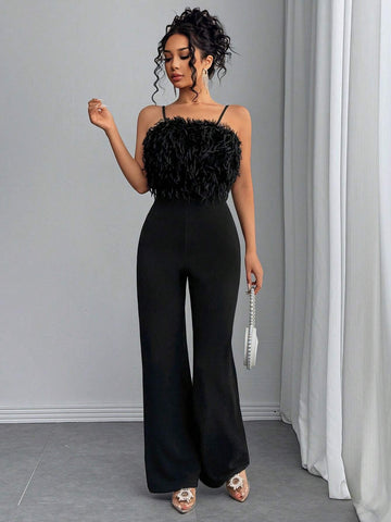 Luxurious & Elegant Faux Fur Patchwork Camisole Jumpsuits, Flared Leg, Fashion Bodysuits For Autumn/Winter Party