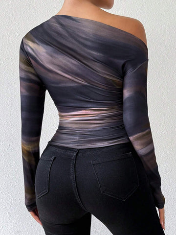 Marble Gradient Print Asymmetric Asymmetrical Neck Long Sleeve T-Shirt With Pleats