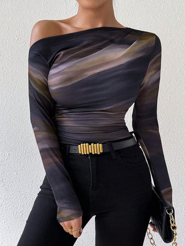 Marble Gradient Print Asymmetric Asymmetrical Neck Long Sleeve T-Shirt With Pleats