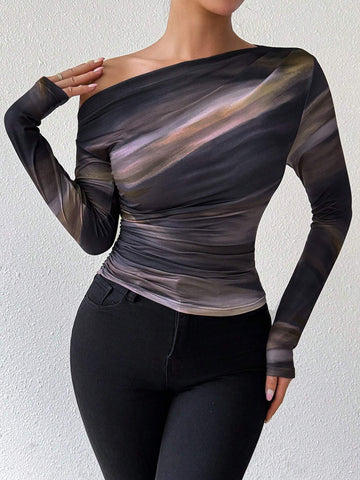 Marble Gradient Print Asymmetric Asymmetrical Neck Long Sleeve T-Shirt With Pleats