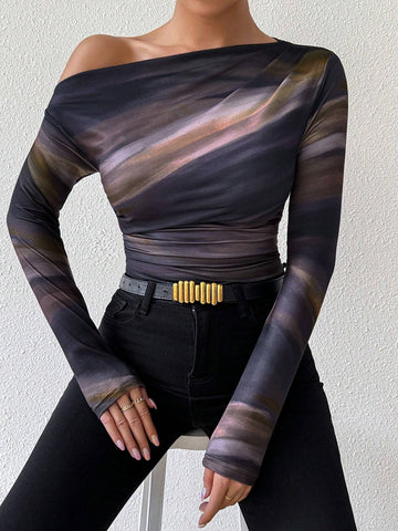 Marble Gradient Print Asymmetric Asymmetrical Neck Long Sleeve T-Shirt With Pleats