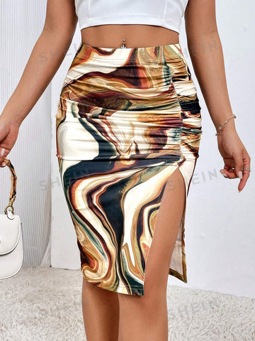 Privé Marble Print Split Thigh Skirt