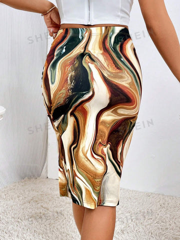 Privé Marble Print Split Thigh Skirt