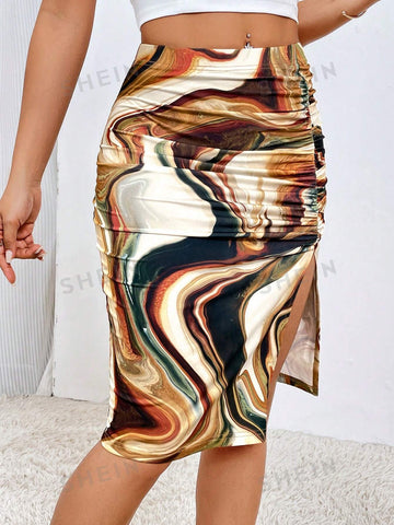 Privé Marble Print Split Thigh Skirt