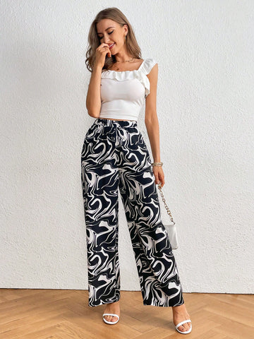 Privé Marble Print Wide Leg Pants