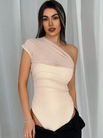Mesh Oblique-Shoulder Cap Sleeve Pleated Mesh Patchwork Ladies' Bodysuit For Romantic Date