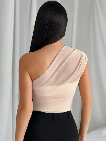 Mesh Oblique-Shoulder Cap Sleeve Pleated Mesh Patchwork Ladies' Bodysuit For Romantic Date